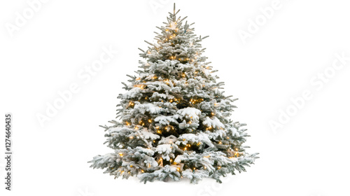 Snow-covered Christmas tree sparkling with festive lights, isolated on transparent background, ideal for seasonal design needs