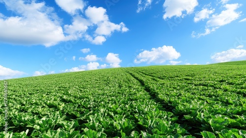 Lush green field under blue sky with clouds