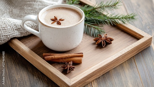Cup of spiced coffee on wooden tray with cinnamon sticks and star anise