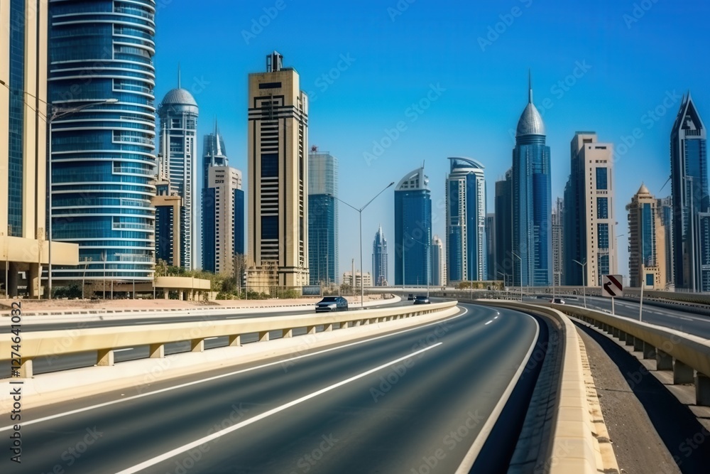 Dubai highway with city skyline backdrop for tourism, finance, and urban development concepts Dubai highway with city skyline backdrop for tourism, finance, and urban development concepts
