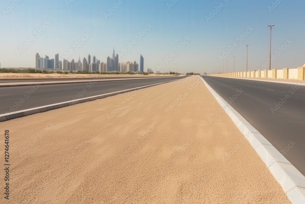 Fototapeta premium Dubai's highway desert. Buildings in background. For travel, architecture and cityscape