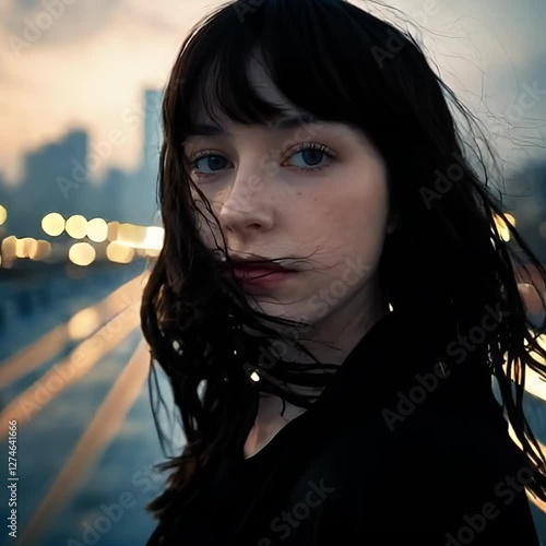 Waiting for Dreams with an Intense Gaze in the Urban Sunset