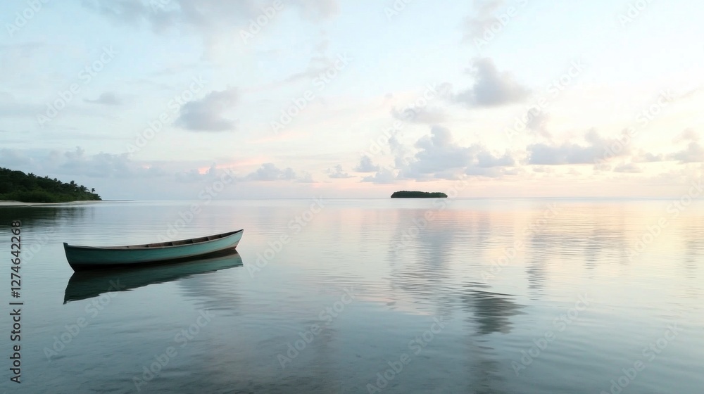 A serene rowboat floats on calm waters, reflecting vibrant pink and orange clouds as an island emerges on the horizon at sunset
