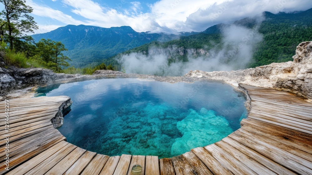 Serene hot spring pool with mountain view and cloudy sky Serene hot spring pool with mountain view and cloudy sky