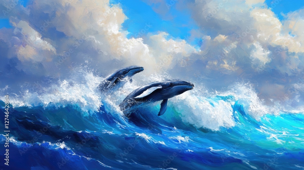 Fototapeta premium Two whales jumping out of ocean waves under cloudy sky