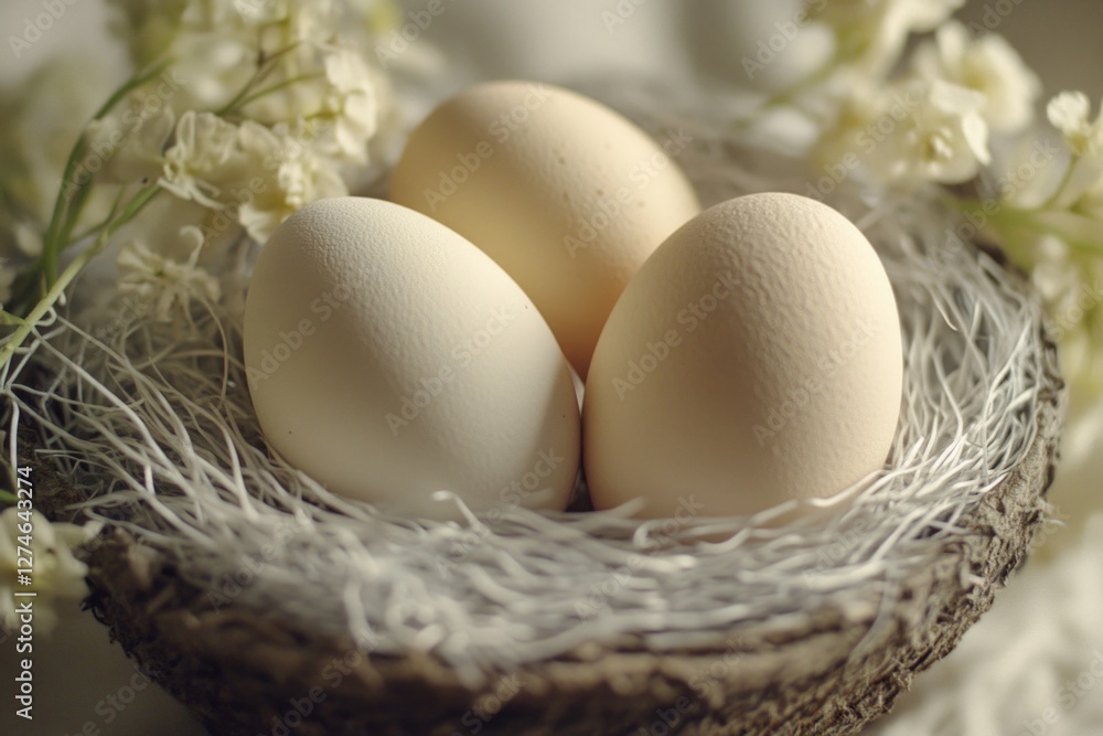 Delicious fresh eggs in a woven basket, nestled among white flowers. Delicious fresh eggs in a woven basket, nestled among white flowers.