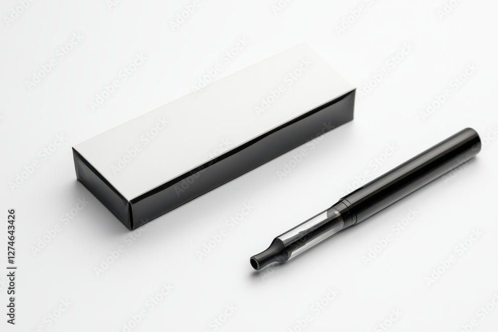 Sleek, modern vape pen resting beside its stylish black and white packaging on a bright surface isolated on transparent background Sleek, modern vape pen resting beside its stylish black and white packaging on a bright surface isolated on transparent background