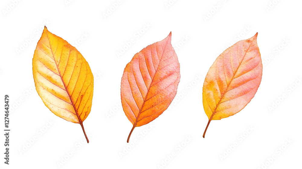 Fototapeta premium Vibrant hues of orange and yellow paint these autumn leaves, isolated on a transparent background, ready for your creative projects