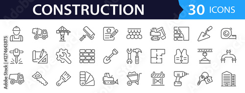 Construction set of web icons in line style. Building and construction icons for web and mobile app. Home repair, crane, building, tools, land, excavator, contractor, builders. Vector illustration