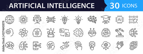 Artificial intelligence set of web icons in line style. AI technology icons for web and mobile app. Machine learning, digital AI technology, algorithm, smart robotic, cloud computing network