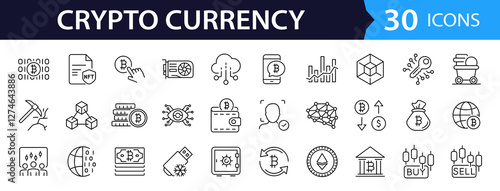 Cryptocurrency set of web icons in line style. Crypto technology and Blockchain icons for web and mobile app. Crypto currency, bitcoin, NFT, technology, decentralized finance, encryption, token