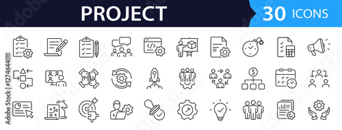 Management set of web icons in linear style. Project management icons for web and mobile app. Business, organisation management, planning, project, startup, marketing, teamwork. Vector illustration
