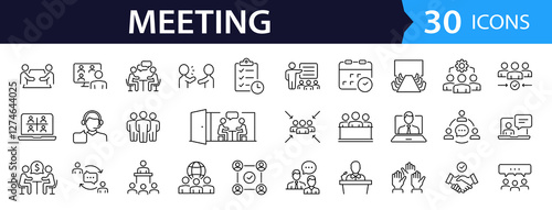 Meeting set of web icons in line style. Live webinar icons for web and mobile app. Containing conference, business meeting, classroom, team, interview, conference, work, discussion and more