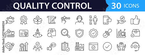 Quality control set of web icons in line style. Quality Check computing icons for web and mobile app. Containing inspection, evaluation, production, quality assurance, certificate, testing and more