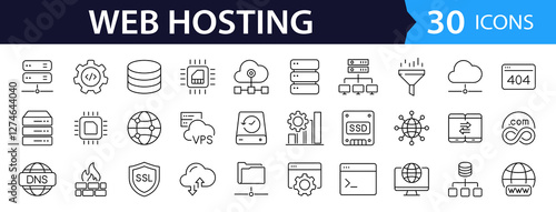 Web hosting set of web icons in line style. Hosting and cloud computing icons for web and mobile app. Containing webspace, data exchange, domain, cloud, website, server, traffic and service and more