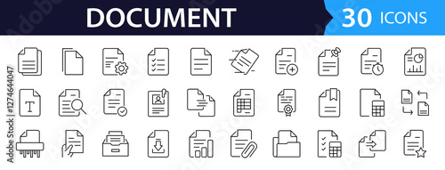 Document set of web icons in line style. Documents linear icon collection. Containing contract papers, folder, certificate, accept, approved, clipboard, invoice, archive and more. Editable stroke