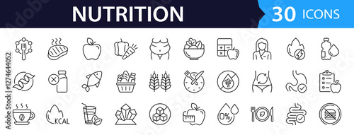 Nutrition set of web icons in line style. Healthy food linear icon collection. Containing food, vegetables, water, palm oil free, сaunt calories, zero trans fat, probiotics and more. Editable stroke