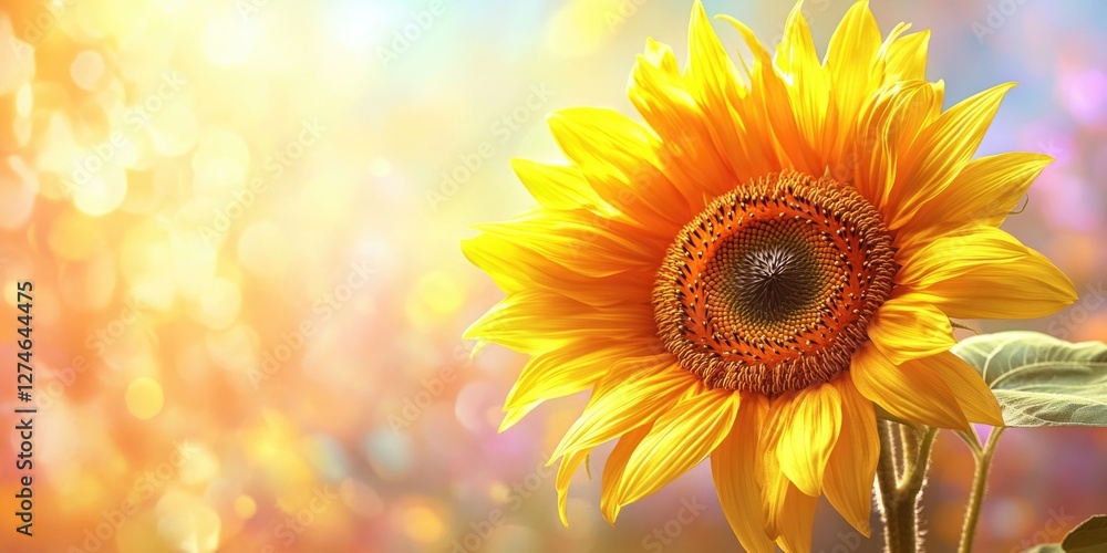 Obraz premium A bright yellow sunflower blooming with vibrant petals, set against a backdrop of sunlight and bokeh. A lively summer garden scene.
