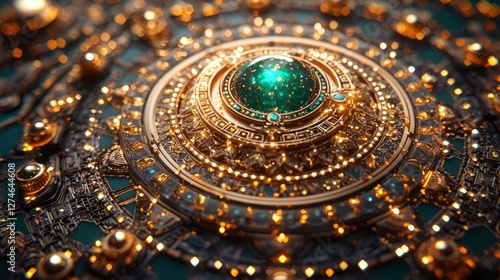 Wallpaper Mural Emerald jewel in ornate gold cosmic clock; mystical background; fantasy art, game asset Torontodigital.ca