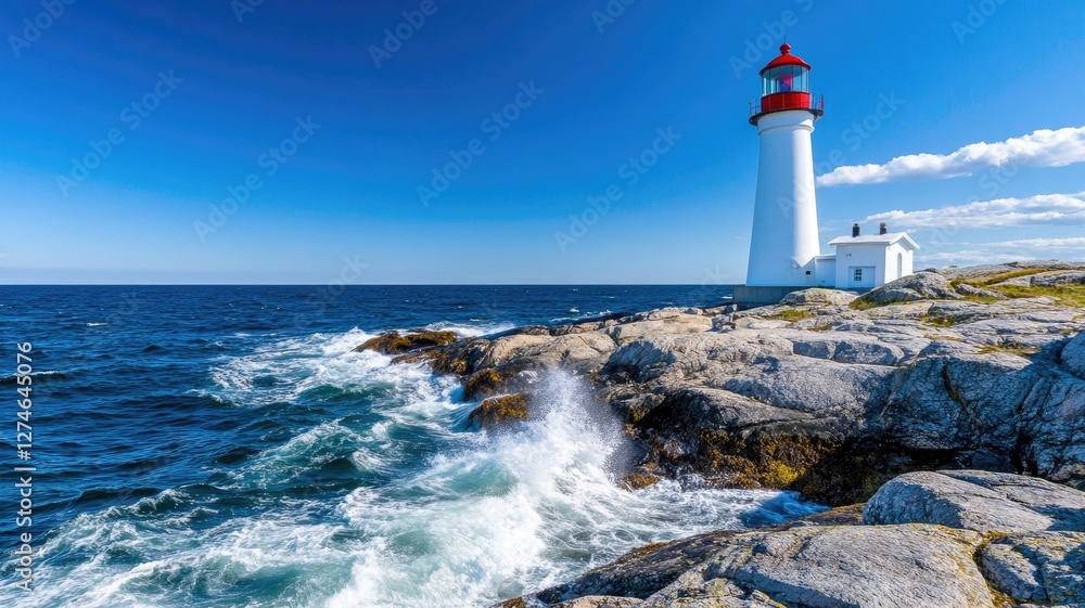 Lighthouse on rocky coast with waves crashing against shore under clear blue sky Lighthouse on rocky coast with waves crashing against shore under clear blue sky