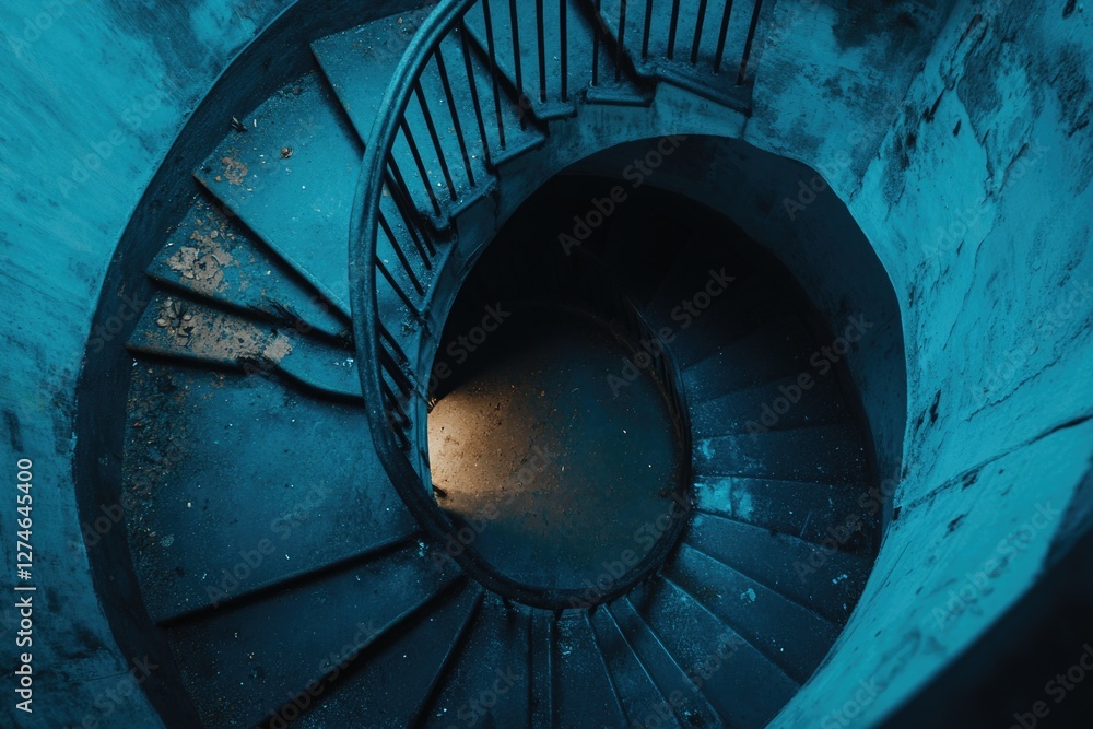 Obraz premium The curved spiral staircase is an architectural feature with metallic rails. Its blue steps contrast with the surrounding concrete floors, hinting at urban decay.