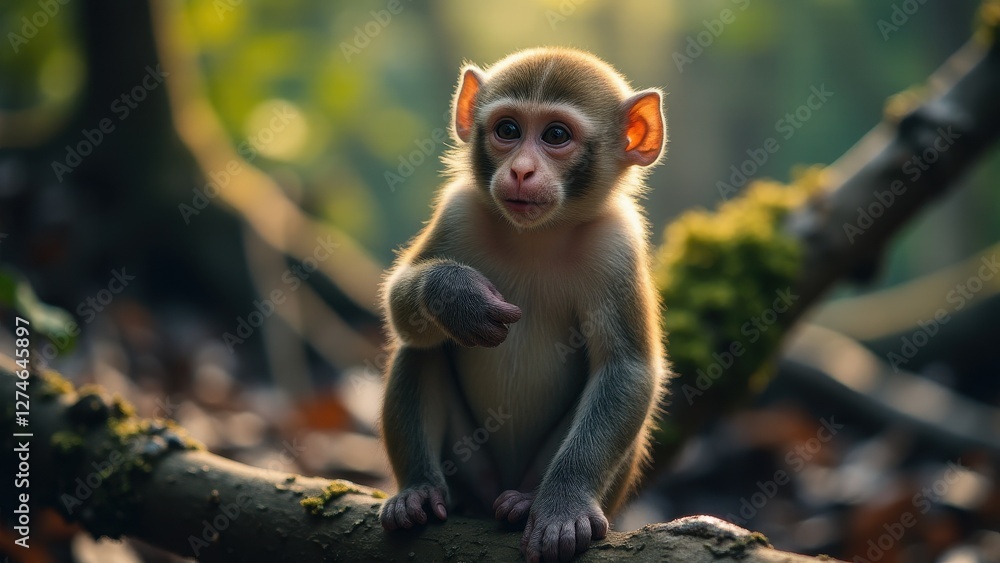 Fototapeta premium A young monkey sitting on a branch in a forest, perfect for a monkey wallpaper.
