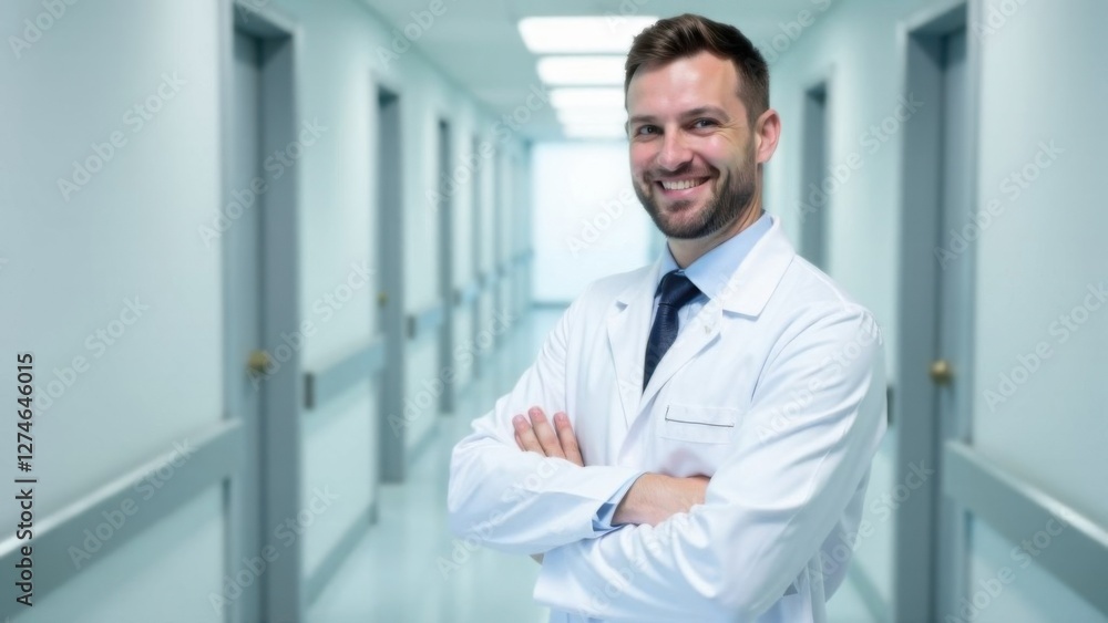 smiling male doctor in white professional clothes standing looking at camera with arms folded on chest, blurred white hospital corridor on background smiling male doctor in white professional clothes standing looking at camera with arms folded on chest, blurred white hospital corridor on background