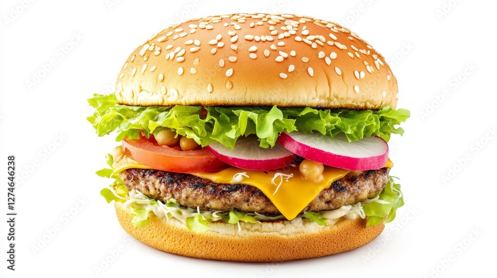 A chickpea burger on a sesame bun with lettuce, chickpeas, guacamole, shredded cheddar cheese, tomatoes, radish, and sprouts close-cut on a white background A chickpea burger on a sesame bun with lettuce, chickpeas, guacamole, shredded cheddar cheese, tomatoes, radish, and sprouts close-cut on a white background