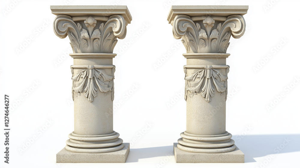 Obraz premium two ancient greek or roman classical column made of stone isolated on white background