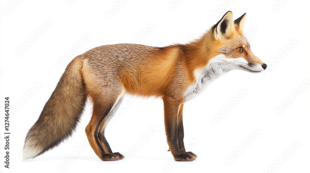 Obraz premium side view of a fox has a sleek, agile body with a pointed snout, large triangular ears, slender legs, and a bushy tail, giving it a distinctive and elegant appearanc isolated on white background 