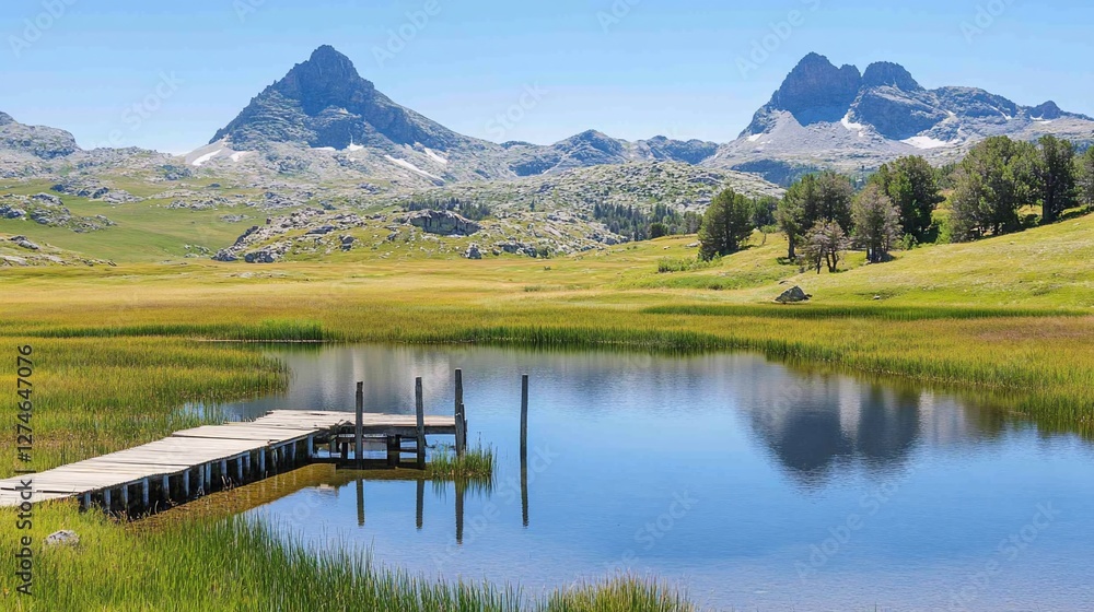 Fototapeta premium Mountain lake pier, serene landscape, summer, reflection, travel postcard