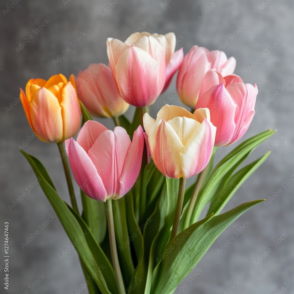 Naklejka premium Bouquet of pink and white tulips on a gray background