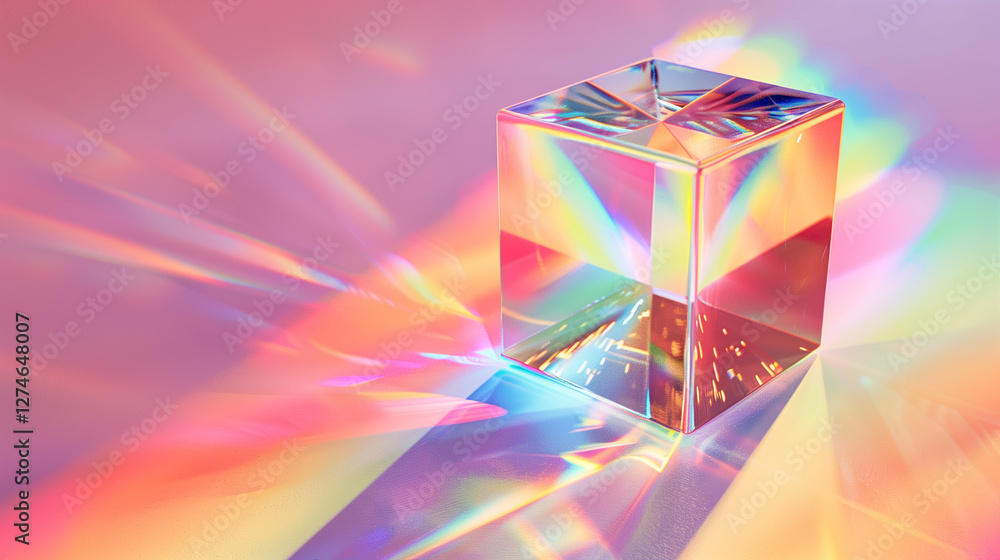 A prism refracting light into vivid colors on a surface. A prism refracting light into vivid colors on a surface.
