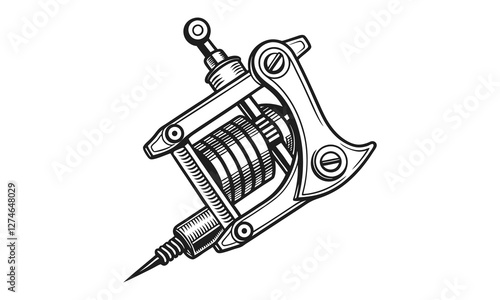 Vintage tattoo machine silhouette, minimalist design, hand drawn illustration, isolated on a white background