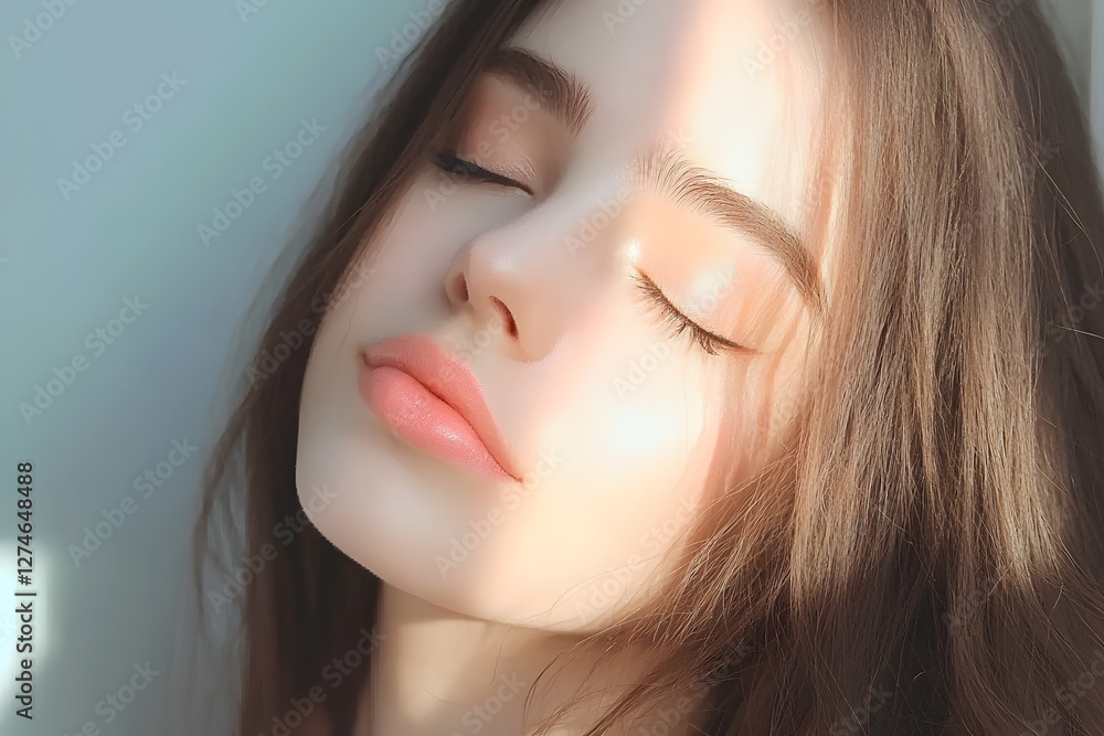 Obraz premium Serene portrait of a young woman indoor setting photography soft lighting close-up beauty concept