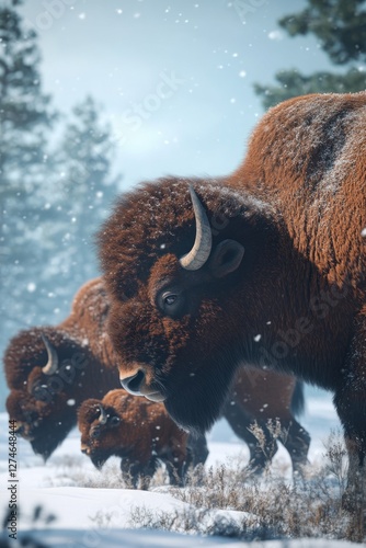 A group of bison braving the snow in a mountainous forest. photo