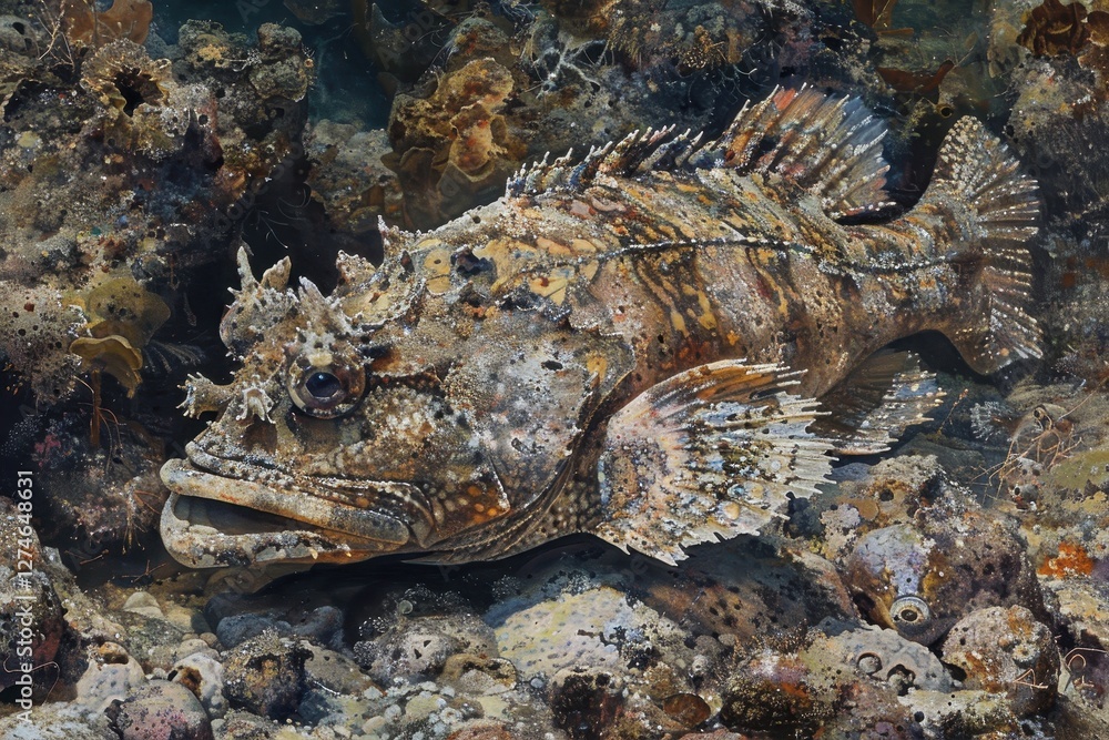 Underwater glimpse of a camouflaged fish resting among coral in a vibrant reef habitat during daylight Underwater glimpse of a camouflaged fish resting among coral in a vibrant reef habitat during daylight