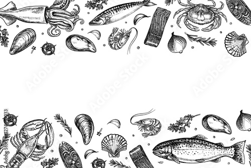 Seafood frame trout, mackerel and squid, crayfish, crabs and shrimps, mussels and marine elements. Vector graphic illustrations made by hand. Black and white images of banners, invitations, flyers.