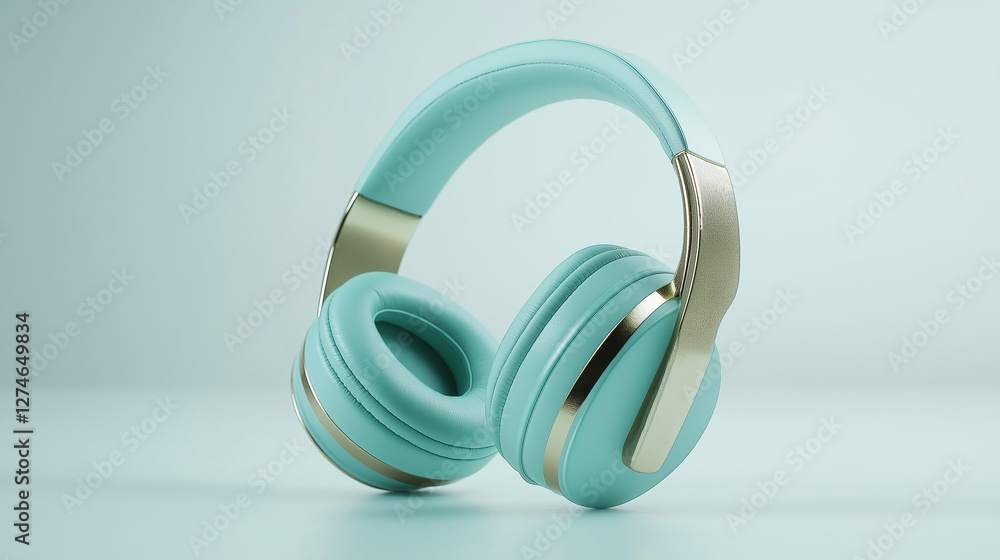 a close up of blue wireless headphones to listen podcast isolated on a blue background a close up of blue wireless headphones to listen podcast isolated on a blue background
