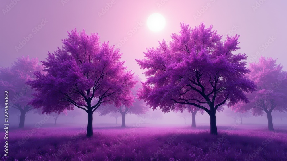 Obraz premium A serene landscape with purple trees under a bright sun, creating a mystical and tranquil atmosphere.