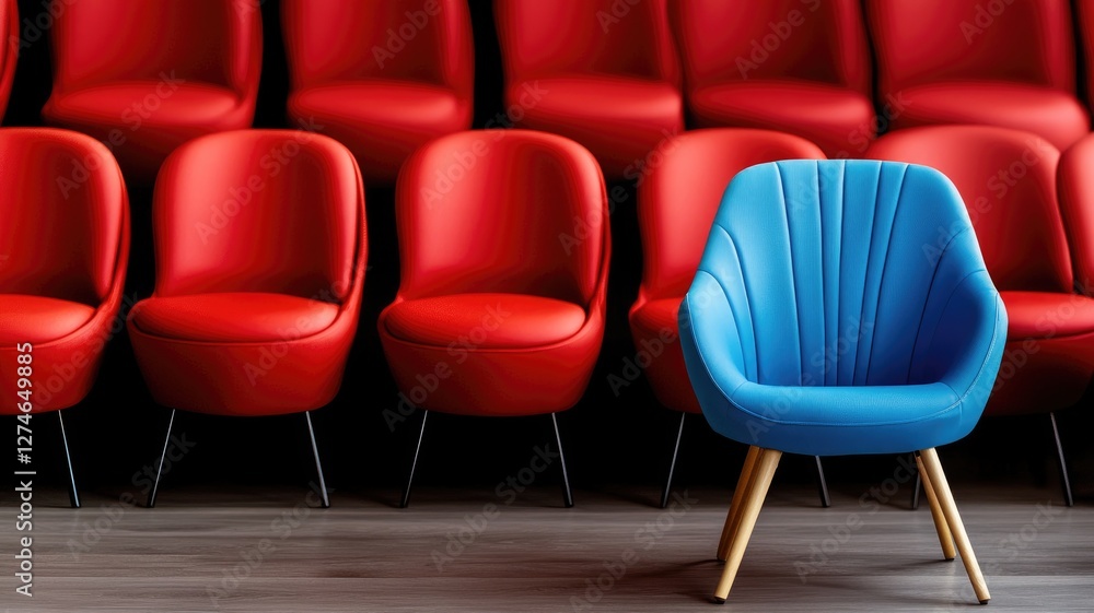 Obraz premium Blue chair stands out among red chairs, concept of uniqueness