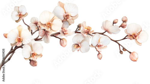 Delicate watercolor painting of white and peach orchid flowers on a transparent background, adding elegance to any design