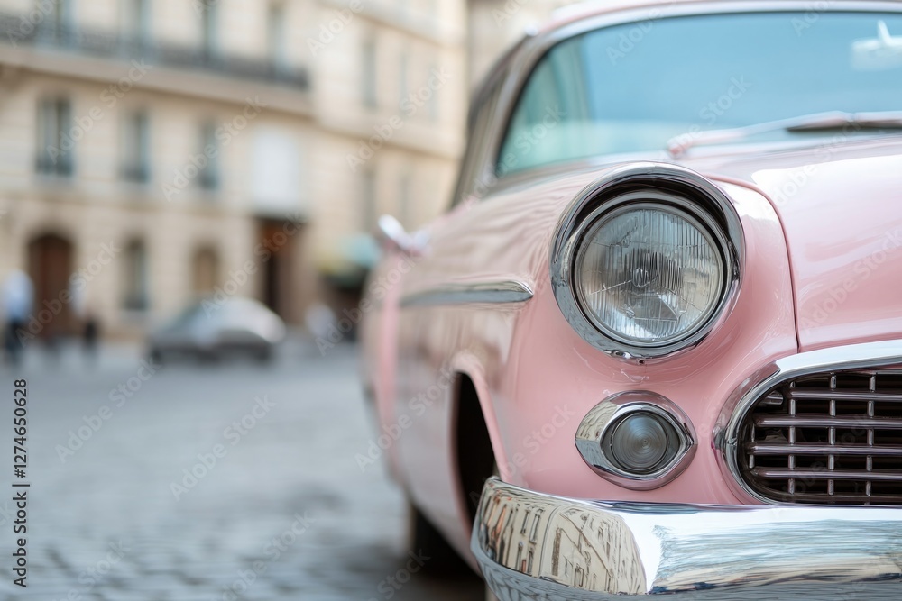 Fototapeta premium Classic pink car parked on cobblestone street, exuding vintage c