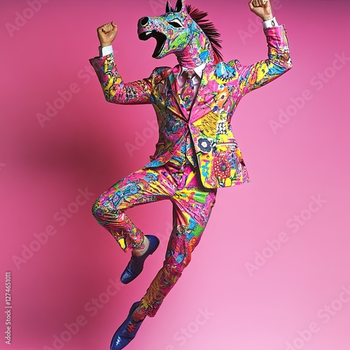 Someone in a horse mask dancing energetically, embracing the absurdity of a carnival, having a blast at a costume party, and sporting a strange mask