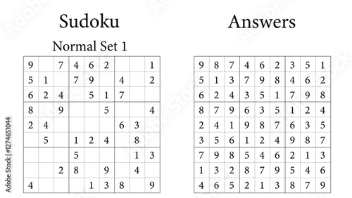 Sudoku Puzzle 9x9 Set 1 Normal with Answers, Fun Brain Training Game for Kids, Teens and Adults, Vector	