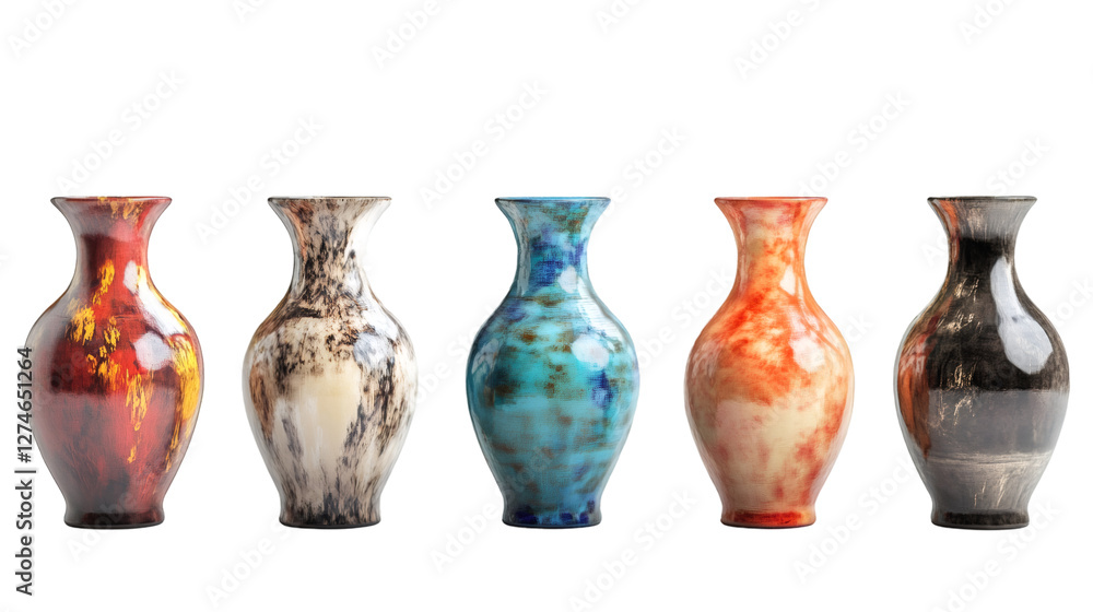 Colorful ceramic vases lined up neatly, aligned side-by-side against transparent backdrop, ideal for home decor styling Colorful ceramic vases lined up neatly, aligned side-by-side against transparent backdrop, ideal for home decor styling