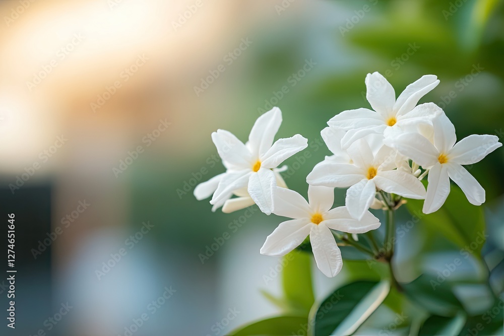 Delicate white flowers bloom against soft, blurred green backgro Delicate white flowers bloom against soft, blurred green backgro
