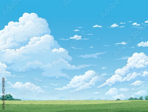 Cartoon Pathway serene green field with fluffy clouds in a blue sky, landscape nature background