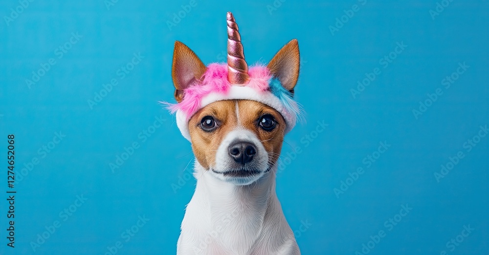A cute white dog with a unicorn horn, on a blue background, featuring empty space for text A cute white dog with a unicorn horn, on a blue background, featuring empty space for text