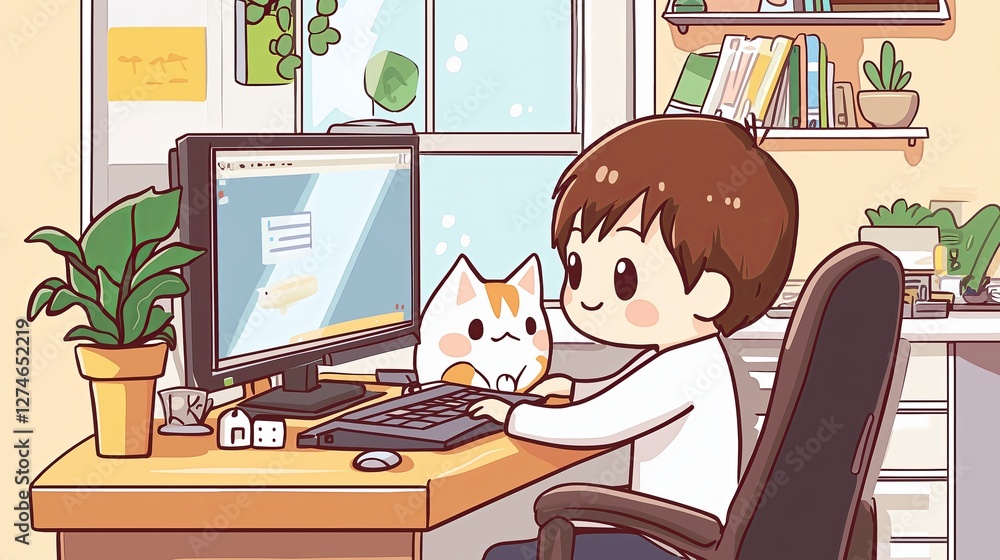 Fototapeta premium A digital illustration of a cute anime character working on a computer with a cat nearby, creating a cozy and creative work-from-home setting. 